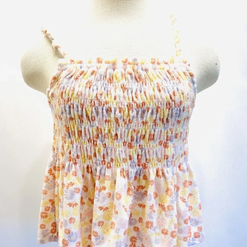 NWT SO Juniors Pullover Square Neck Terry Cloth Smocked Peplum Floral Tank Large